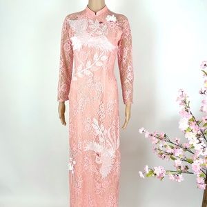 Ao dai ren lace 3D, Vietnamese traditional long dress set l pink 4 🎁 new year
